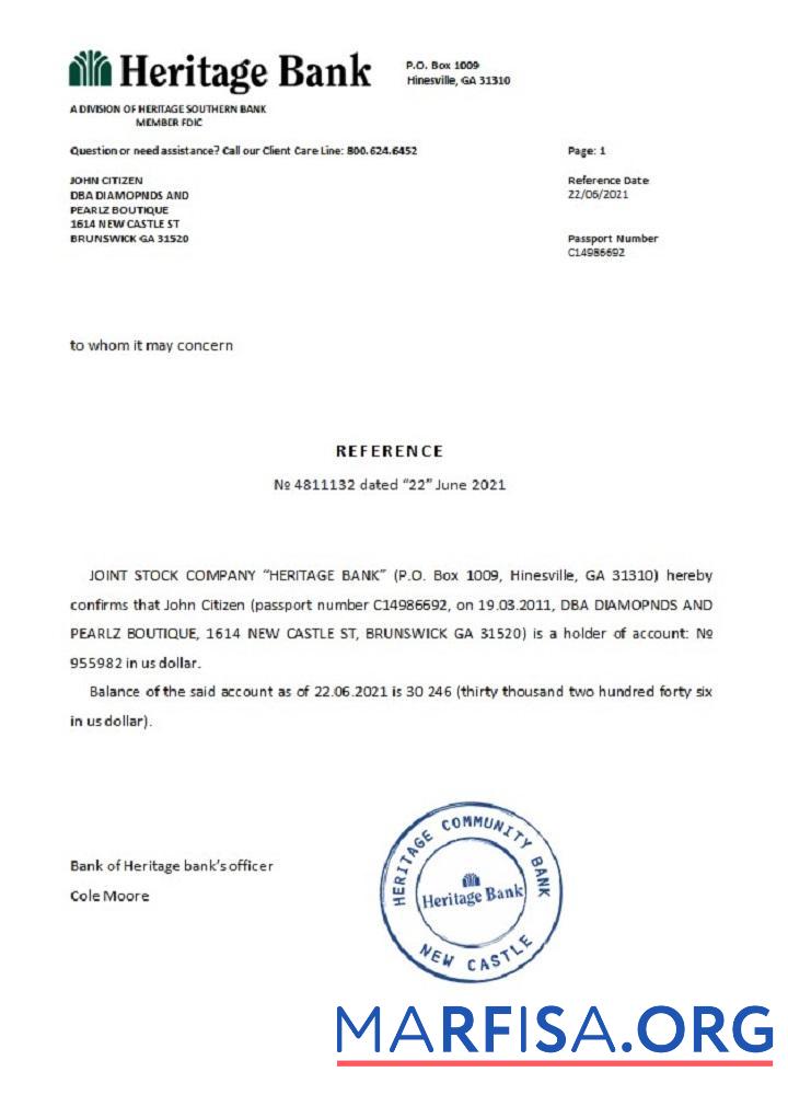 Blank USA Heritage Bank reference example